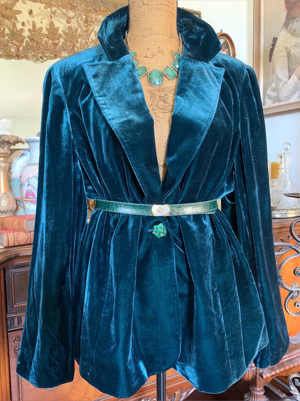 Vintage Victorian-inspired Gothic Classic Romantic Teal Velvet Blazer Jacket